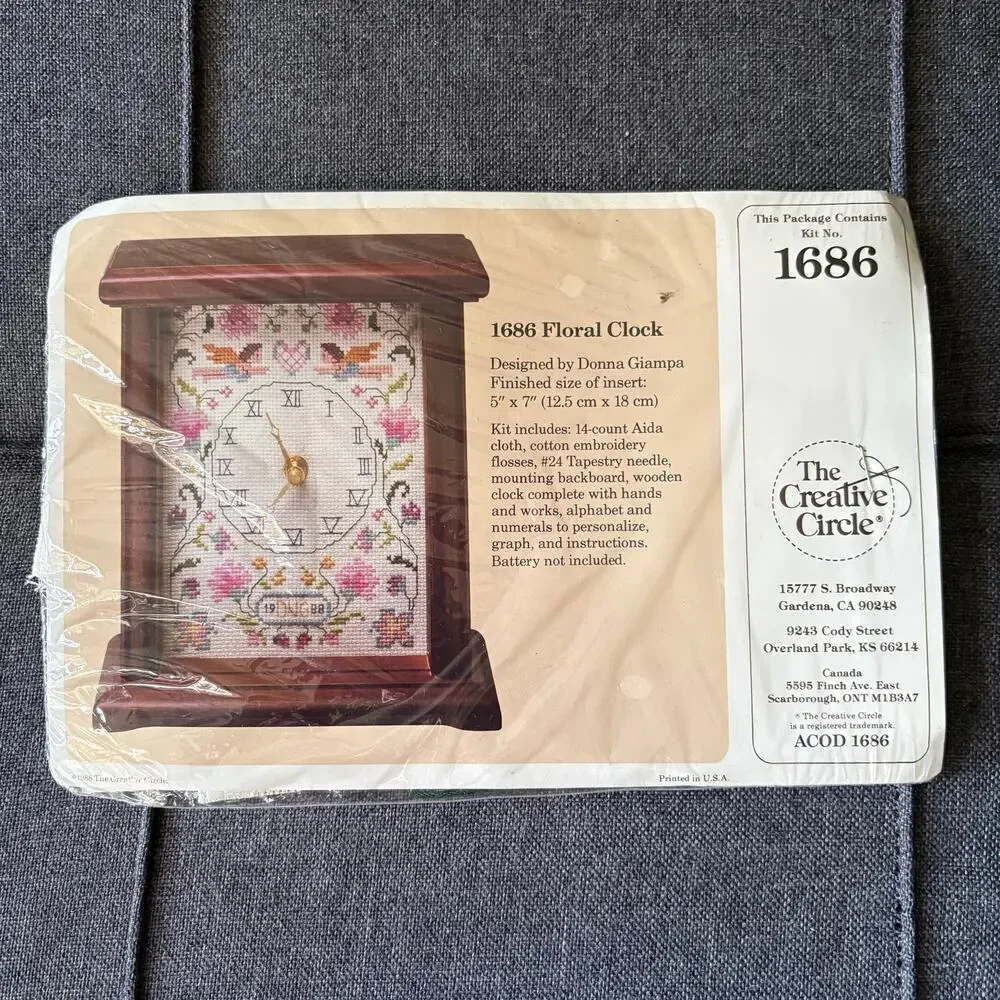Floral Clock 1686 Vintage Counted Cross Stitch Kit by The Creative Circle - 1986